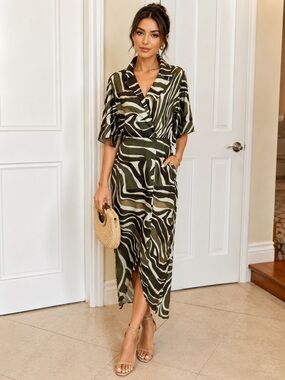 New Zara  Olive Abstract Zebra Print Wrap Midi Dress Career Chic Size M